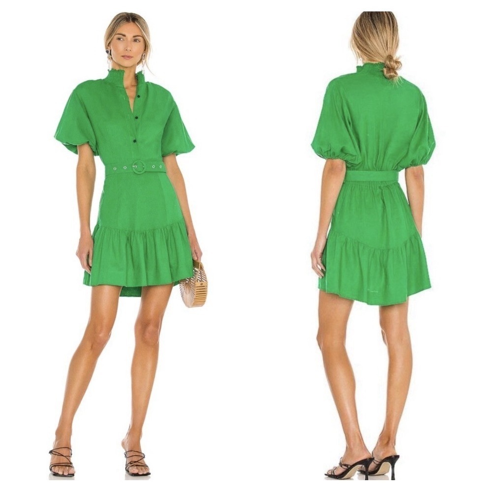 NEW! SWF Puff Sleeve Mini Shirt Dress Belt Revive Green SZ M